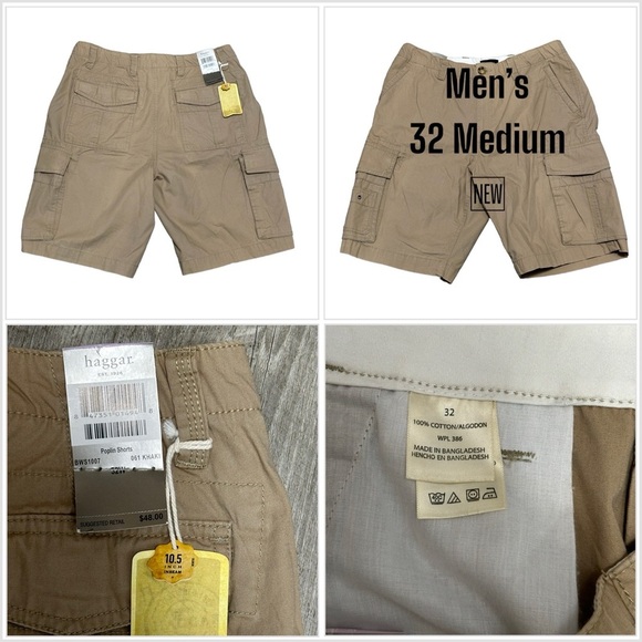 Mens Haggar 32 Medium Shorts Cargo Khaki Durable Workwear 7 Pockets Cotton NWT - Picture 1 of 10